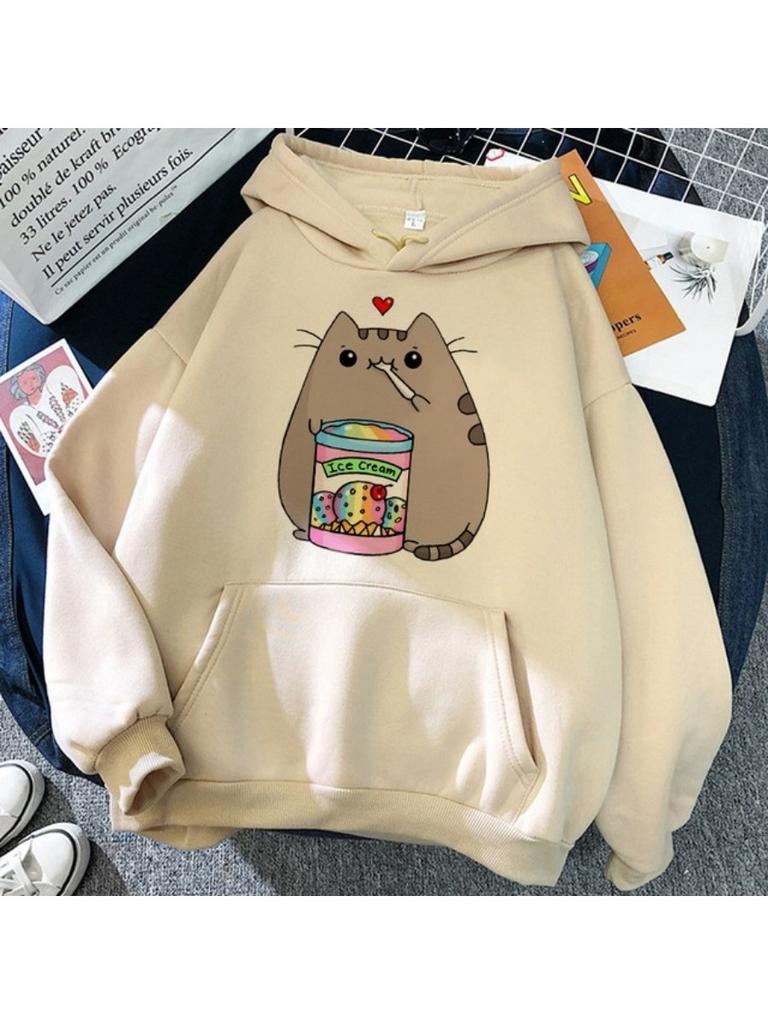 Felpe con Cappuccio Nere a Manica Lunga Donna Squalo Gatto Felpe con Cappuccio Divertenti Animali Cartoni Animati Stampa Grafica Pullover Streetwear