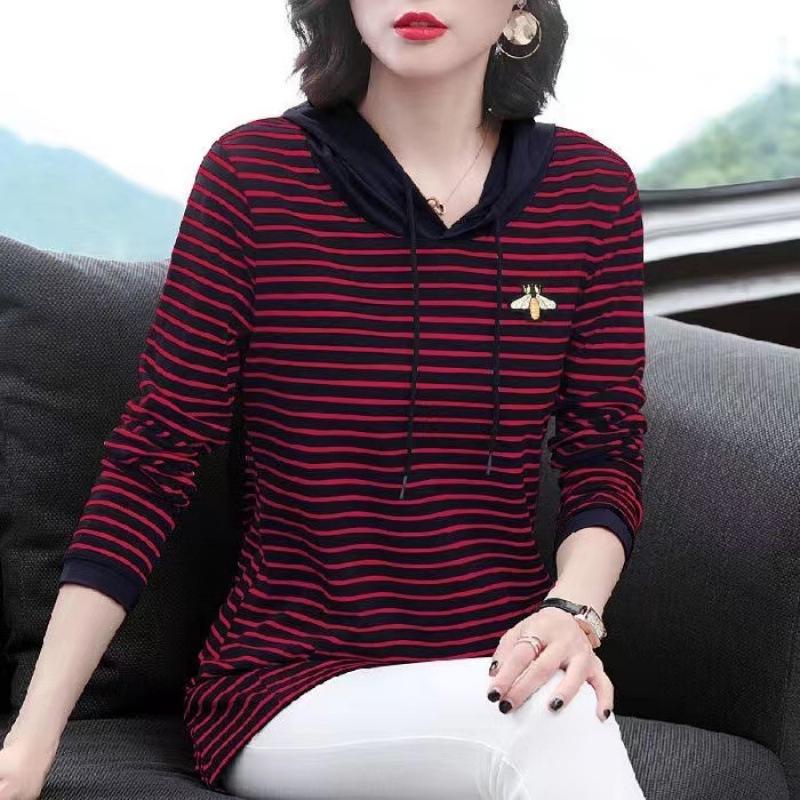 2025 Spring & Autumn Hooded Striped Sweatshirt for Middle-Aged & Plus Size, Mid-Length Mother's Wear