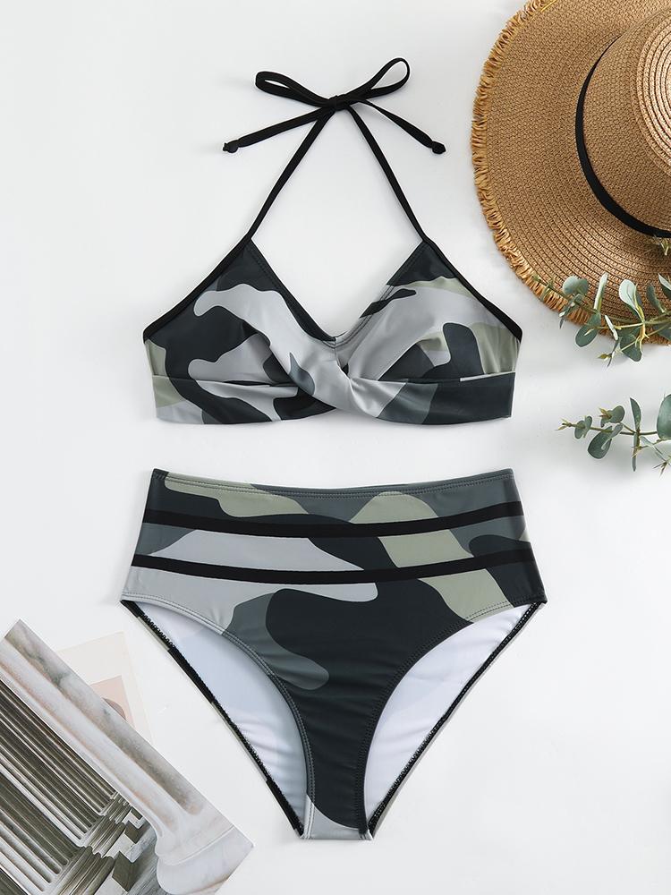 Dámský dvoudílný bikini set s vysokým pasem, potiskem, s šněrováním za krkem, plavky, letní móda, dámské plážové oblečení