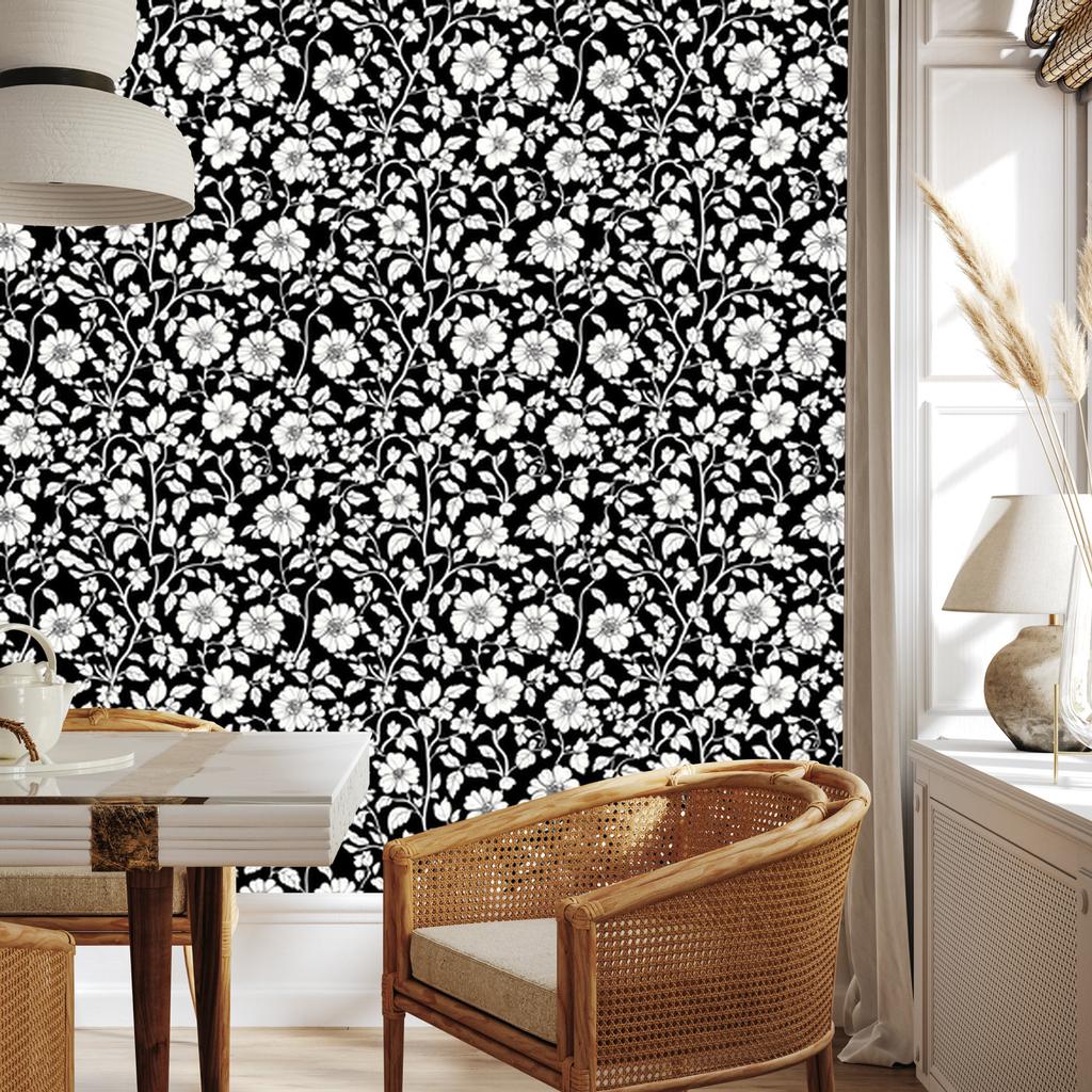 Wallpaper Black and White Flowers Graphite, Gray Background 50x1000