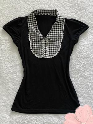 2025 Roupas Femininas Mulher Negra Camisetas Patchwork Xadrez Manga Curta Camisa Básica Moda Vintage Verão Camiseta Tops Roupas Femininas