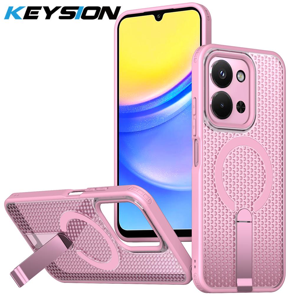 

KEYSION Hollow Heat Dissipation Magnetic Case for Redmi 15C 171mm Cooling Stand Shockproof Phone Back Cover for Xiaomi POCO C85 for POCO C85 рожевий