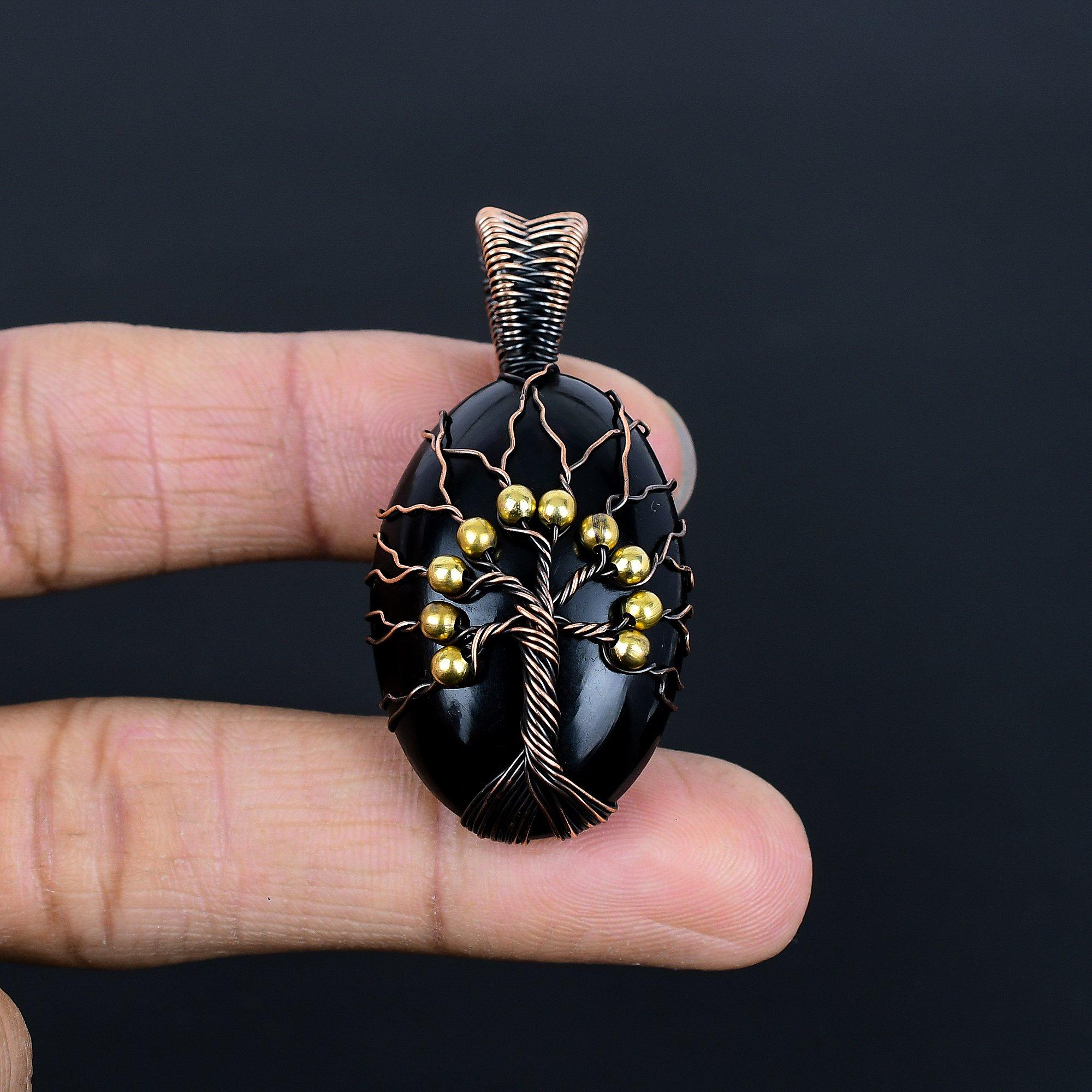 

Tree Of Life Black Eye Obsidian Pendant Handmade Gemstone Jewelry, 999 Copper Wire Wrapped Pendant Design Jewelry Pendant 2.08 Inches