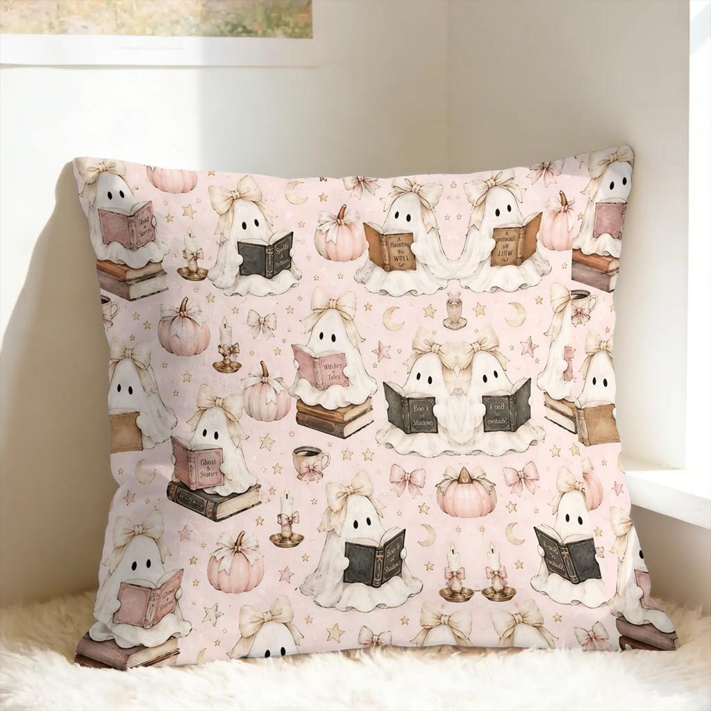 Pink Coquette Ghost Halloween Pillowcases Retro Trendy Pillow Case For Sofa Car Home Decor Comfy Pillow Cover