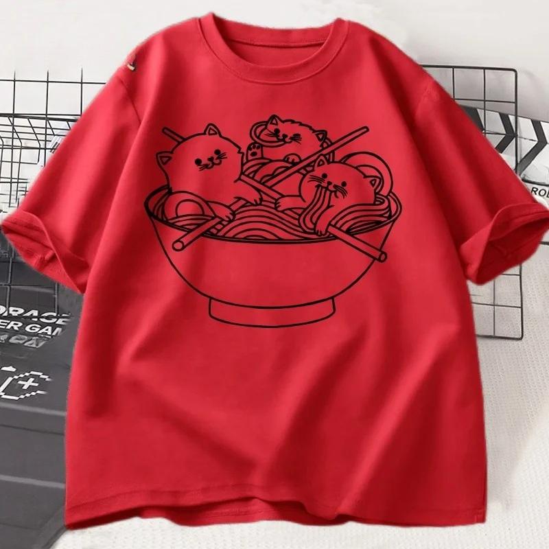 Camiseta Gato Estilo Japonês Ramen Algodão Manga Curta Kawaii Anime Camiseta Ramen Gatinho Camisetas Gráficas Camiseta Bonita de Comida Roupas