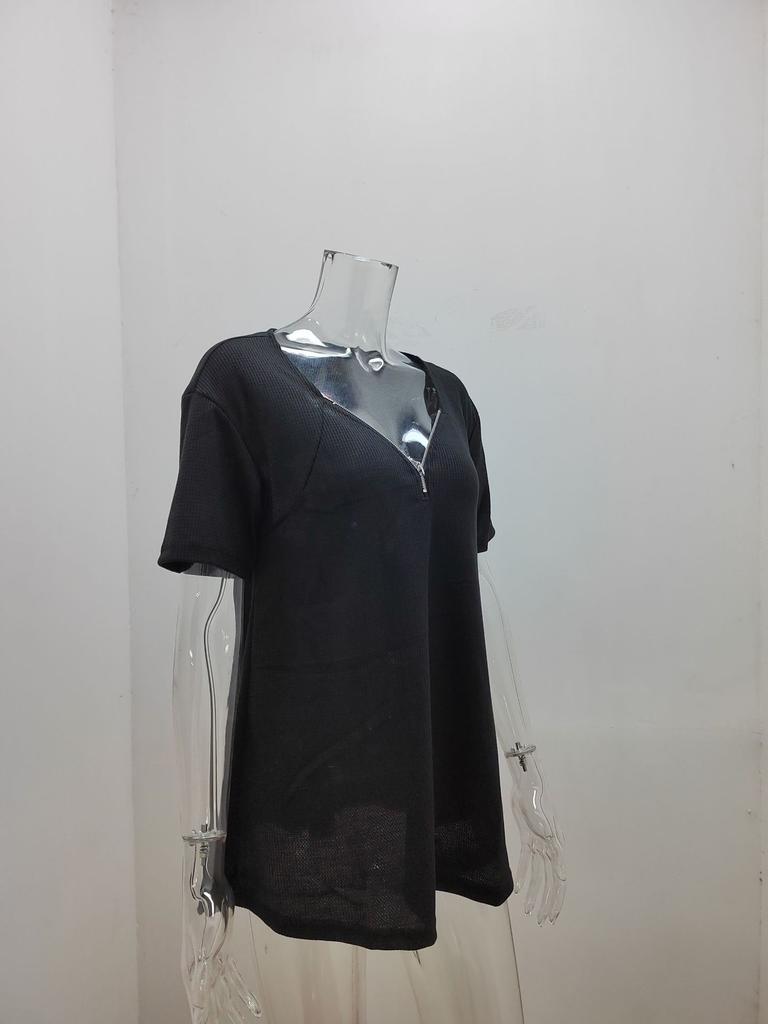 Summer Large Size Women's Casual T-shirt Solid Color V-neck Zipper Loose Short-sleeved Top Fashion Temperament Elegant Women's Clothing