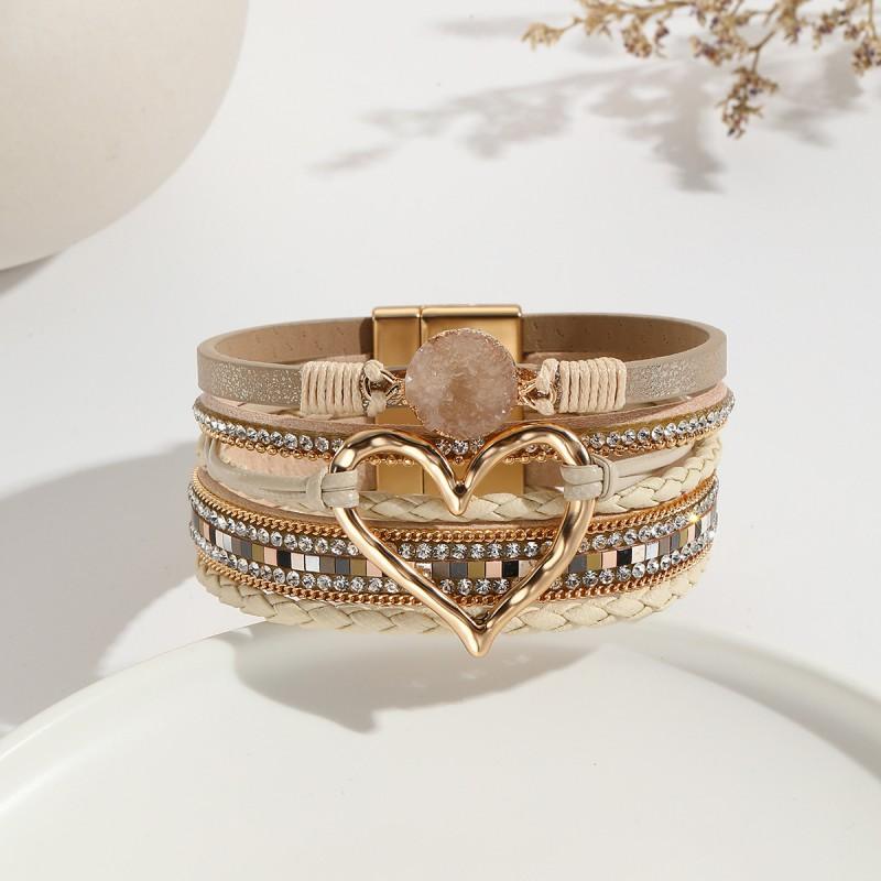 Boho Layered Leather Wrap Bracelet With Natural Stone Heart Charm Women