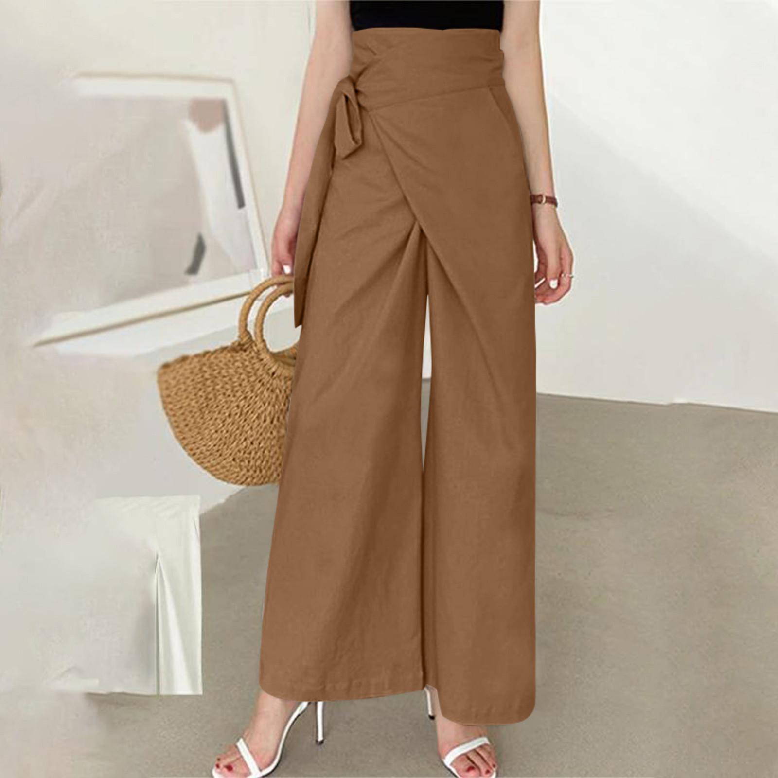 

Women s Cotton Linen Pants Casual Paper Bag Waist Long Trousers With Adjustable Tie Belt With Pockets L