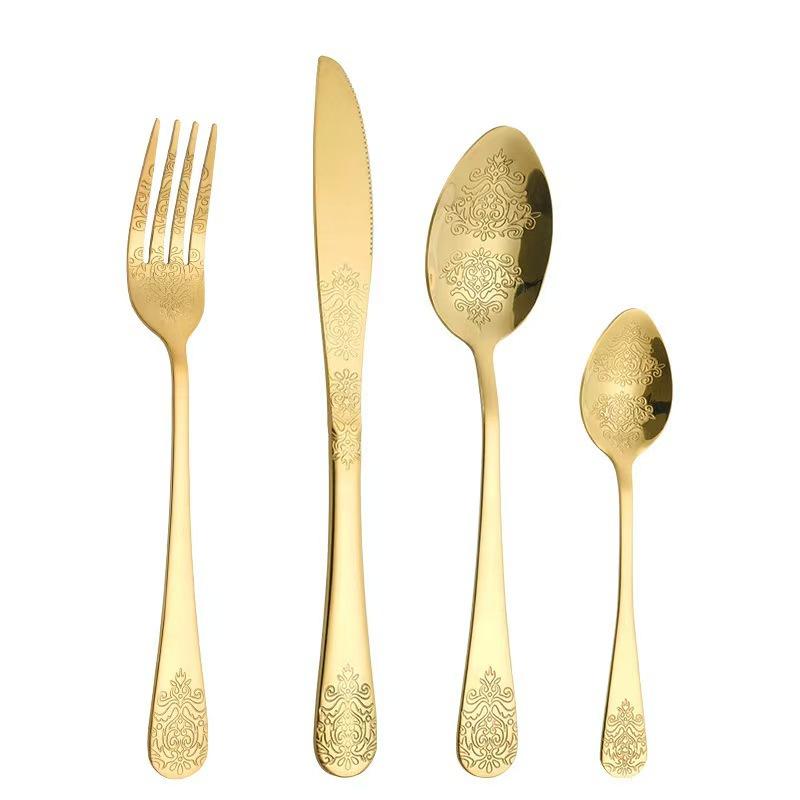 Light luxury pattern stainless steel western food tableware steak knife fork spoon retro mirror set