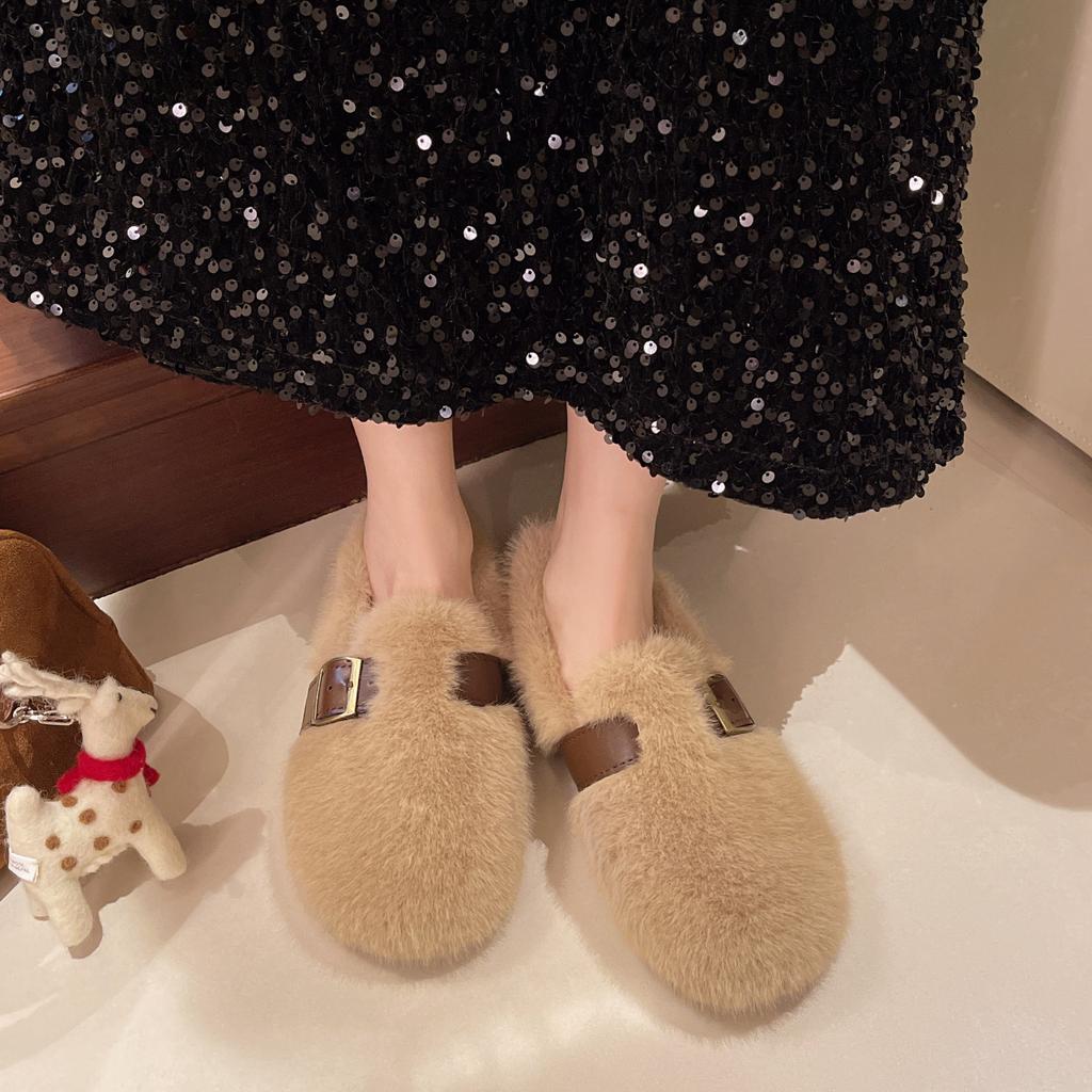 French Fluffy Shoes for Women's Outer Wear 2025 Autumn and Winter New One-pedal Plush Mary Jane Doudou Single Shoes Cotton Shoes