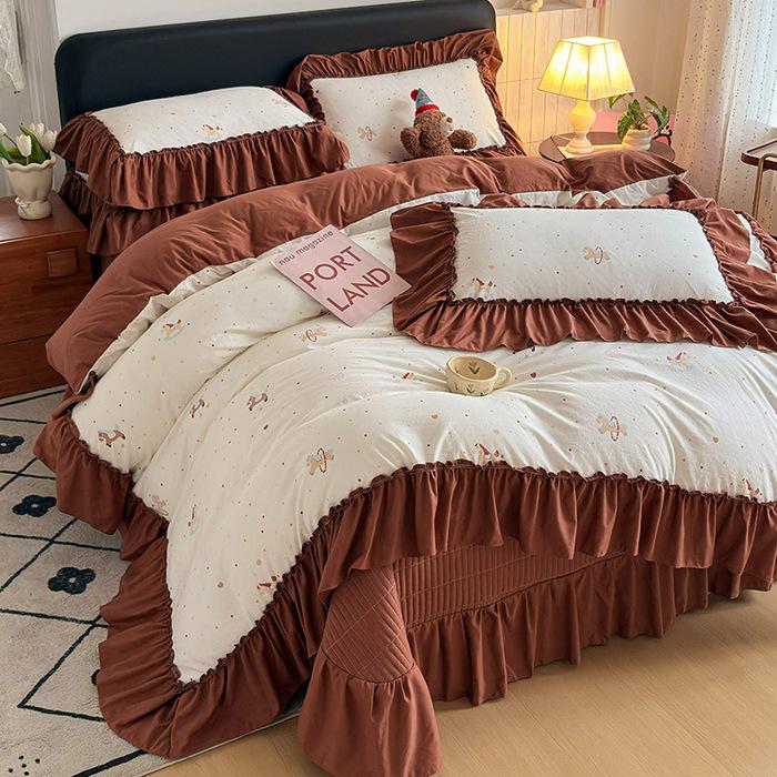 Spring/Summer Washed Cotton Lace Quilt Bedspread Set - 4 Pieces, Machine Washable
