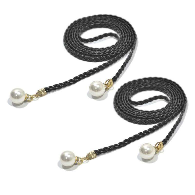 2Pcs Fashion Woven Waist Rope Adjustable Laceup Waist Belt with Pearls Decors for Women Dresses and Skirt All Matching