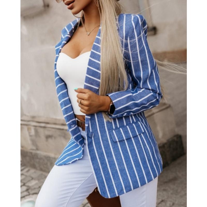 2026 New Women's Striped Blazer, Blue Notch Lapel Office Jacket for Spring Work Wear