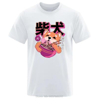 Niedliches Shiba Inu isst Nudeln T-Shirt Mode Baumwoll-Tees Sommer Bequemes T-Shirt Hip Hop Atmungsaktiv Umweltfreundlich Herren T-Shirt