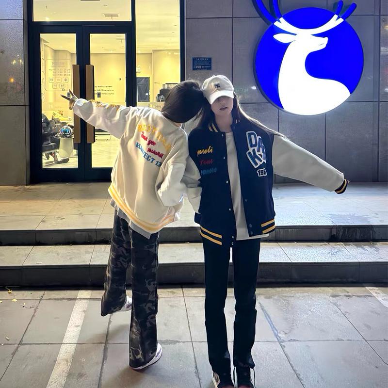 Women's Embroidered Letter Guochao Baseball Jacket - Color Block, Loose Fit, Ideal for Spring & Autumn, Suitable for Middle & High School Students