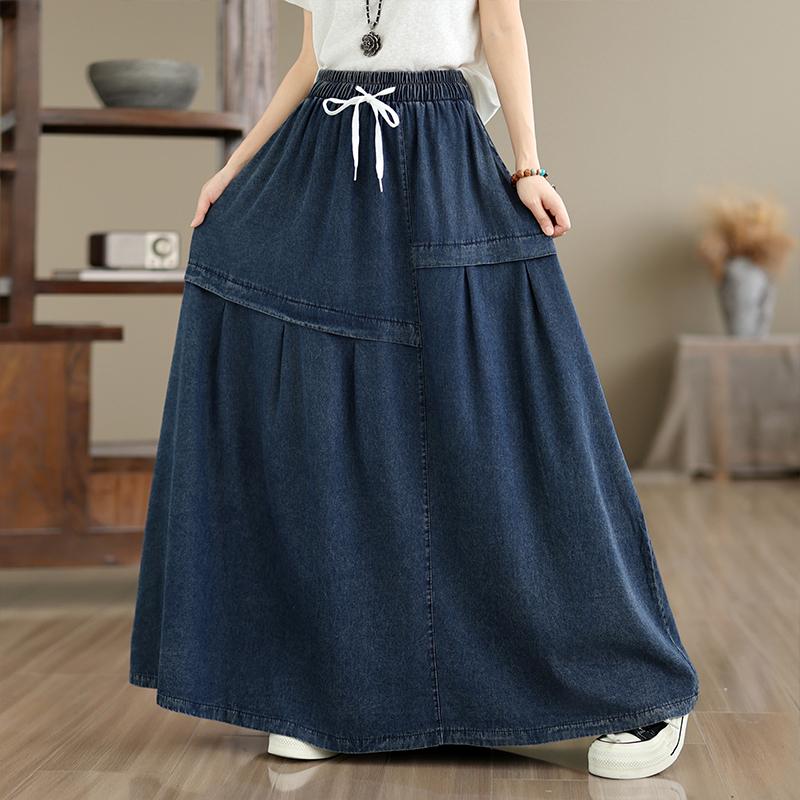 DIMANAF 2026 Autumn Winter Women Plus Size Denim Long Skirts Trousers Bottoms Cotton Loose Casual Oversize Denim Blue Skirt