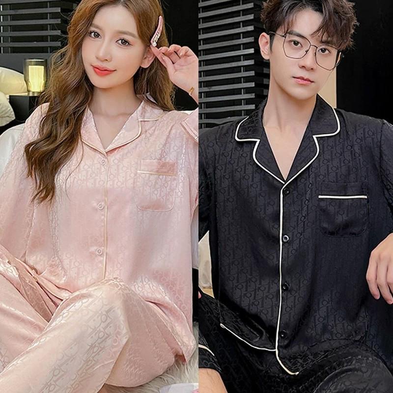 Couple's Ice Silk Pajamas for Spring/Autumn - Red Luxury Loose-Fit, Plus-Size Available for Men & Women