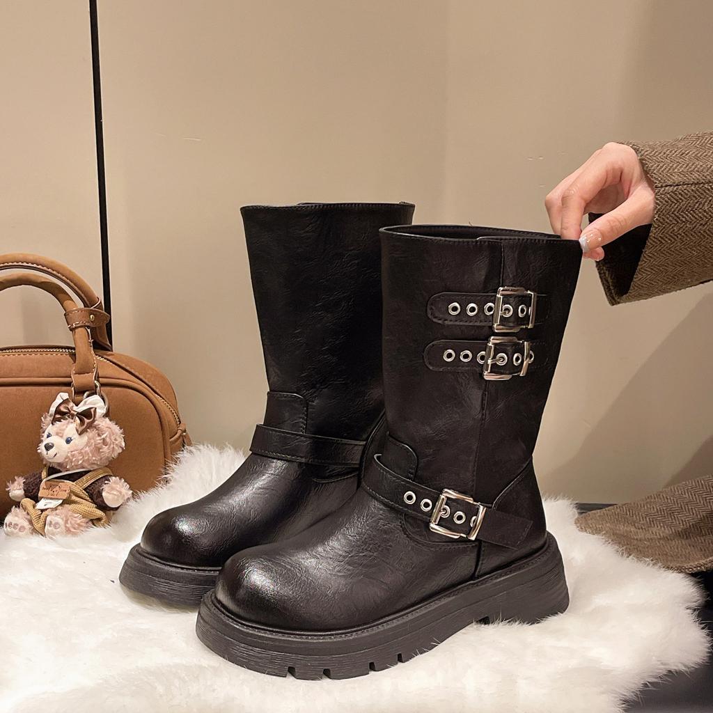 Maillard Plateau Martin Stiefel Damen 2025 Herbst und Winter neu kleine schlanke kurze Stiefel Gürtelschnalle mittelhohe Schaft Ritterstiefel