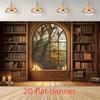 2D Gothic Library Window Backdrop, Vintage Bookshelf and Candle Background for Birthday & Events