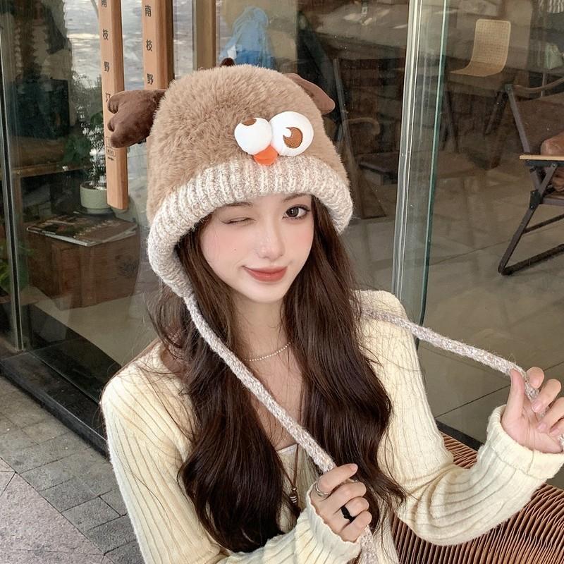 

Cute bear ears knitted drawstring hat student versatile warm and cold ear protection hat showing face small pullover hat winter One size fits all хакі