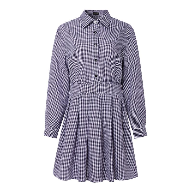 

VONDA Women Turn Down Collar Long Sleeve Plaid Slim Waist Pleated Casual Shirt Dress 5XL фіолетовий
