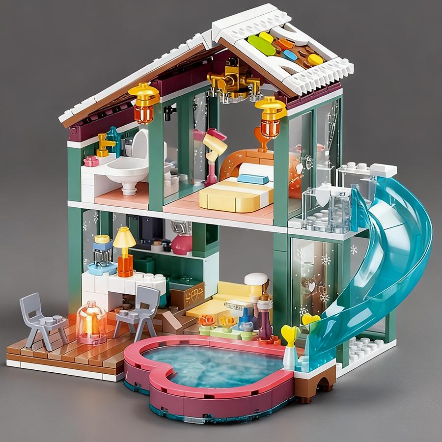Sluban 0961 Prázdninový dům u horkých pramenů Stavebnice Model Vzdělávací DIY Sestavitelná Stavebnice Domácí Dekorace