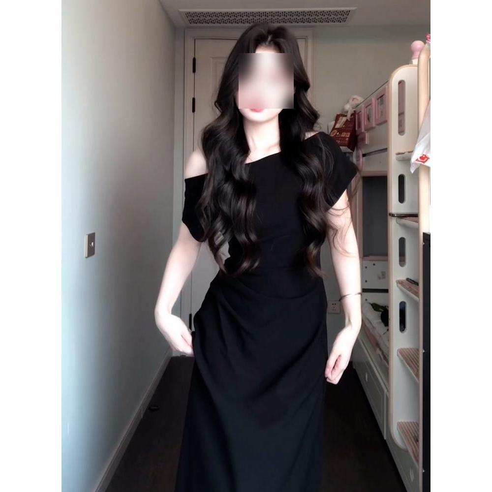 Black one-word shoulder dress women's clothing summer new casual temperament waist-wrapped hip dress