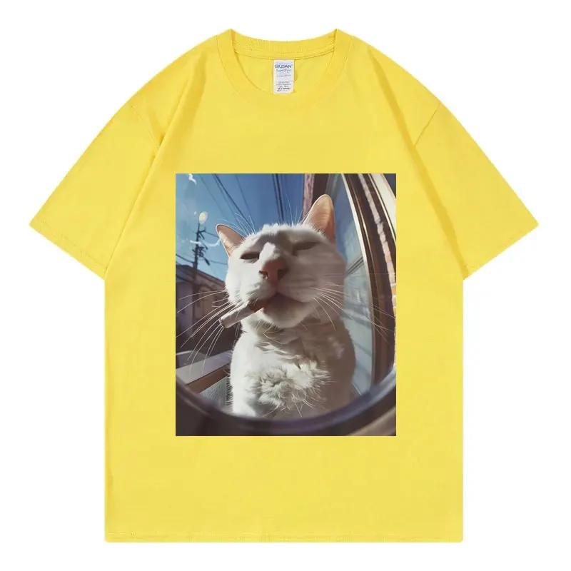 Funny smoking cat face graphic Tshirt for Women featuring Hayaiku style Y2K casual shortsleeve Tshirt streetwear