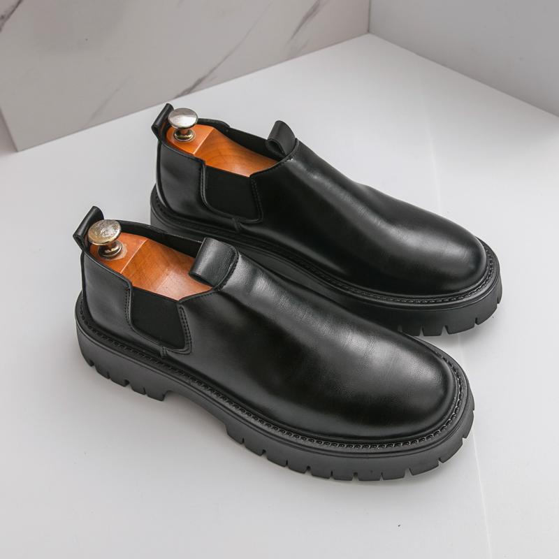Fashion Loafers Men Casual Retro Le Fu Shoes Black Brown One-foot Thick-soled Anti-slip Height-increasing Brand Leather Shoes Size 38-46