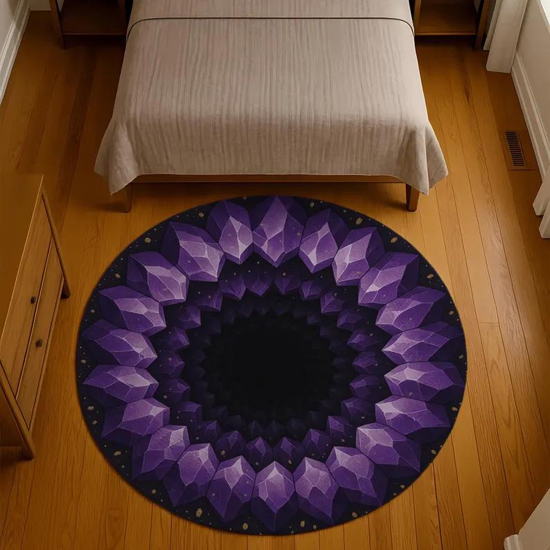 Crystal Cave Illusion Round Rug 3D Geometric Blue Crystal Design Trippy Modern Optical Art Carpet for Living Room Bedroom Mat