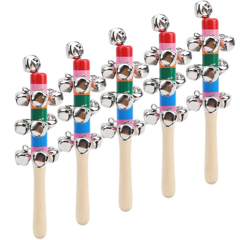 5Pcs Wooden Jingle Hand Bells Rainbow Stick Shaker Rattle Party Favors Percussion Instruments For Kids Baby Musical Toys