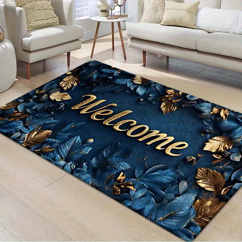 Luxuriöse, blau-goldene Fußmatte mit Blumenmuster, rutschfest, für den Innen- und Außenbereich geeignet, ideal für Eingangsbereich, Küche und Terrasse.