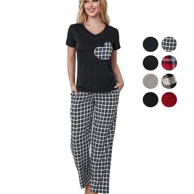 Sommer-Schlafanzug für Damen, 2-teiliges Pyjama-Set, V-Ausschnitt, kurze Ärmel, herzbedruckte Hemden und karierte lange Hosen, Freizeit-Hauskleidung, Nachthemd