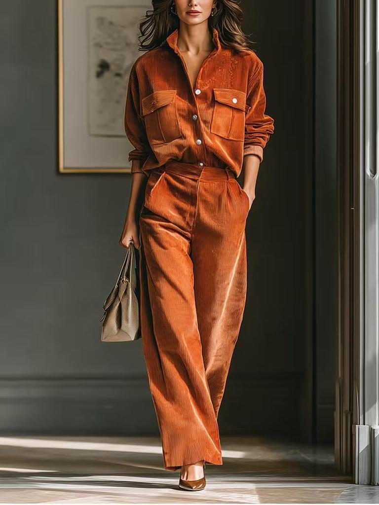 2025 Retro Casual Caramel Corduroy Shirt & Wide-leg Pants Set