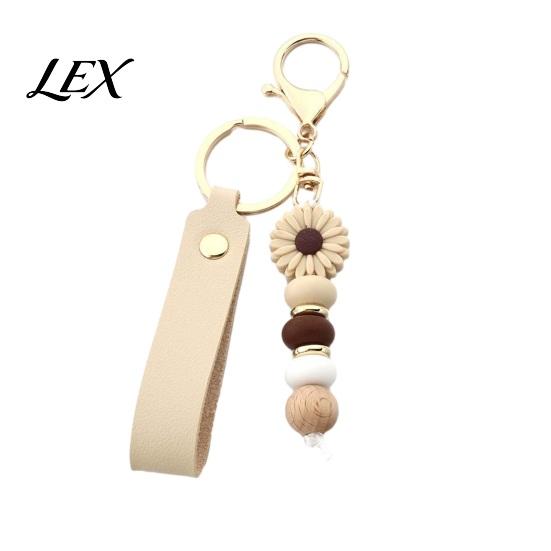 Flower Charm with Wood Beads Silicone Keychain Faux Leather Wristlet, Car Key Floral Ring Pendant Pendant, Handbag Backpack Women