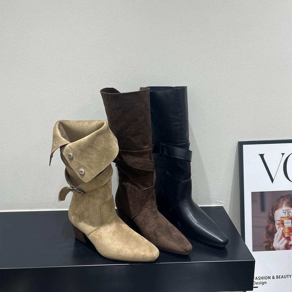 High Heel Suede Pointed Pile Boots Medium Knight Boots Season Brown Long Skinny Boots