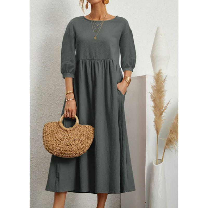 2025 New Women's Casual Solid Color Fashion Lantern Sleeve Loose Cotton and Linen Dress with Pockets in Stock