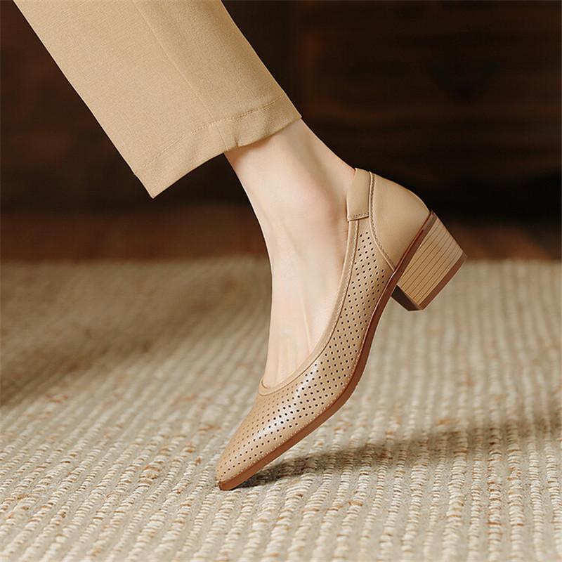Fashion 2025 New Fashion Hollow Out Women Pumps Pointed Toe Summer Shoes Chunky Heels Genuine Leather Shoes for Women Zapatos De Mujer