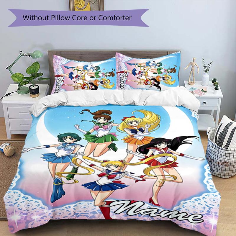 3pcs Sailor Moon 2 Cover Set - Personalized Name, HD Printed Bedding with 1 Cover and 2 Pillowcases - Perfect for Home Decor, Easy Care