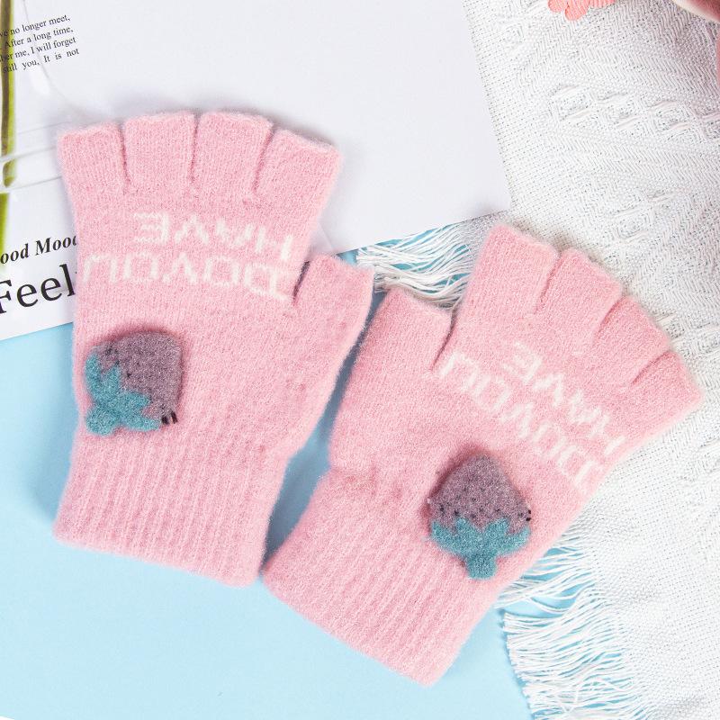 New half-finger gloves women's winter strawberry fleece thickened fashion open finger cold warm knitted plush gloves