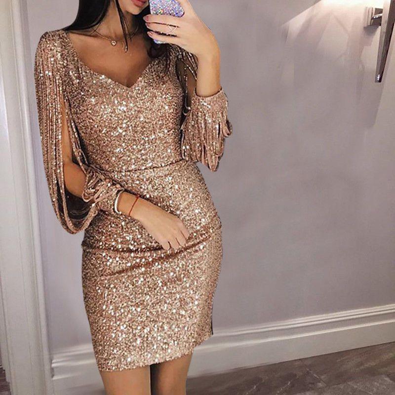 Elegant Ladies Sequins Sexy Vneck Mini Casual Cocktail Party Slim Dress Stylish