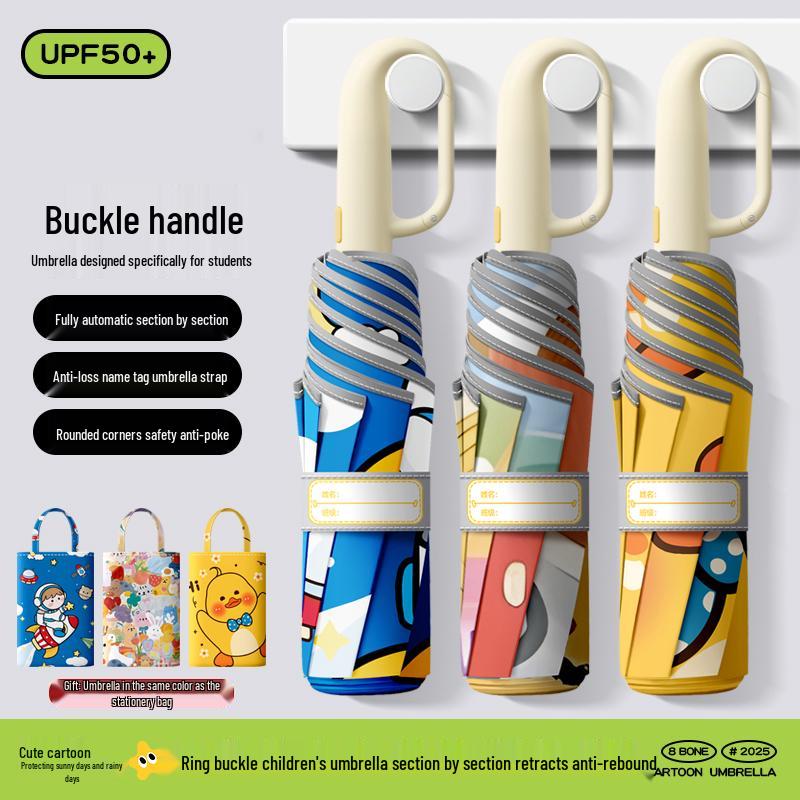 Dual-Use Automatic Folding Children's Umbrella with Ring Buckle – Sun Protection for School Boys and Girls