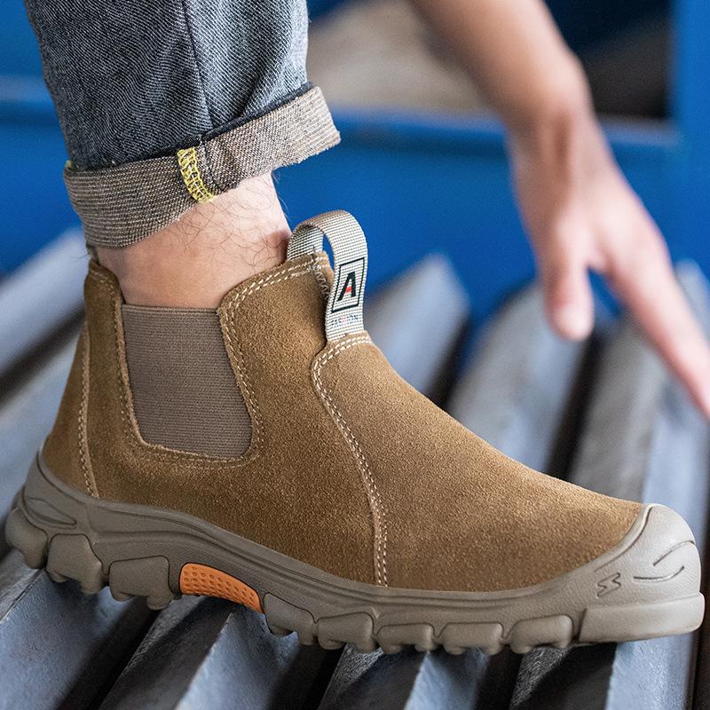 men's casual steel toe caps work boots cow suede leather safety shoes outdoors worker chelsea botas security footwear protection