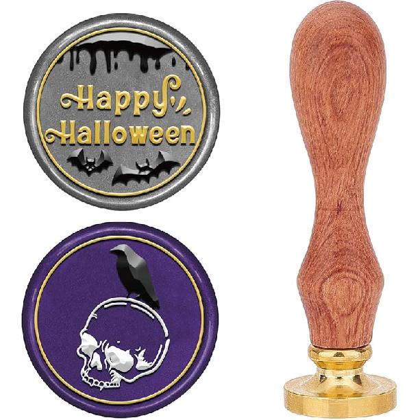 CRASPIRE 2 Style Happy Halloween Wax Seal Stamp Set Brass Sealing Stamp Heads + 1pc Wood Handle Removable Witch Hat Bat Ghost Kit for Decorating