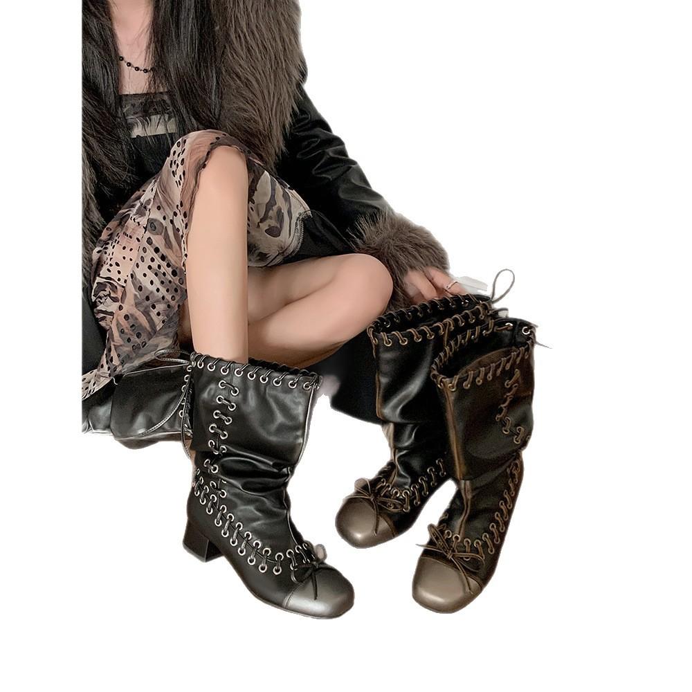 2025 bow straps woven western boots foreign style great good-looking punk wasteland wind wide tube pile small short boots women