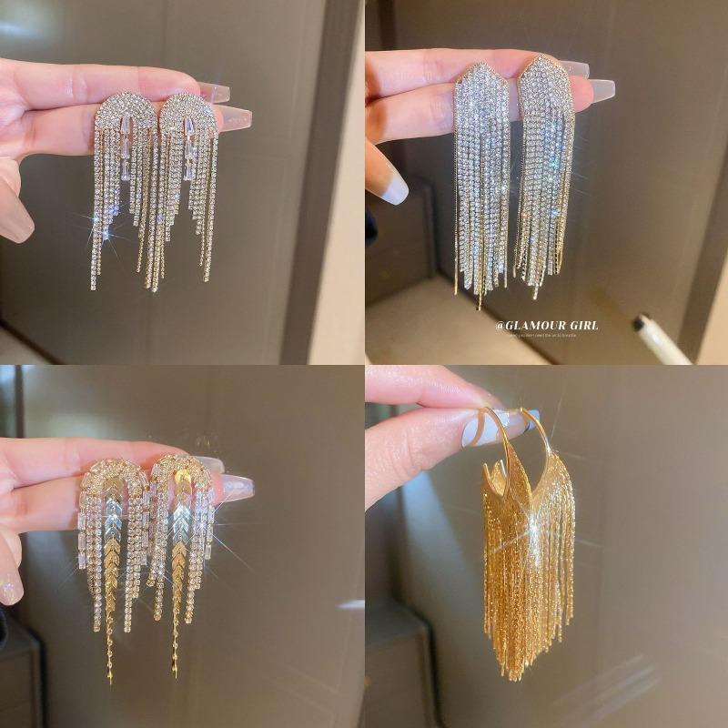 Silver Needle Metal Style Long Zircon Leaf Tassel Earrings Exquisite Fashion Earrings Cold Wind Light Luxury Temperament Earrings