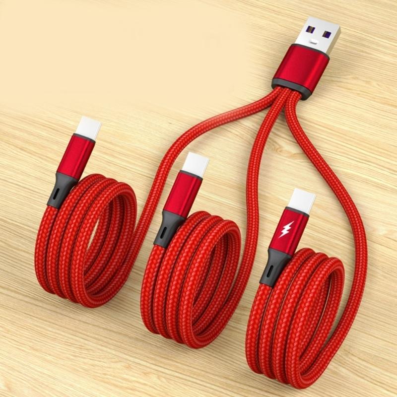 Quick Charging USB to 3x Type-C Cable Cord 5V Power Output 3-in-1 Nylon Braided Laptop Wire Black/Red