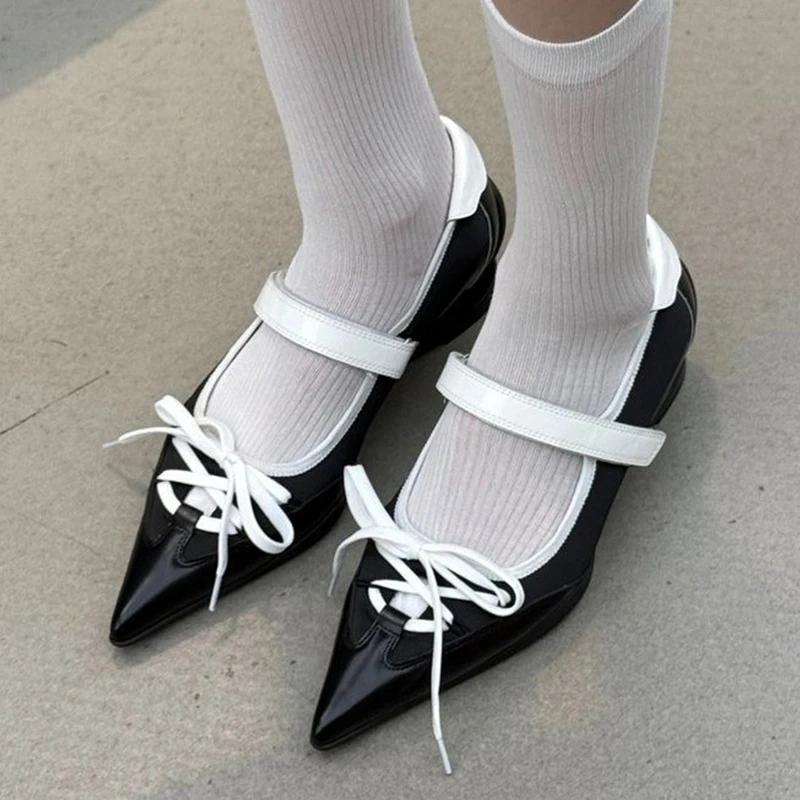 Novelty Special Heel Spliced Heels Pointed Toe Women's Fashion Shallow Mouth Bow Non-Slip Mary Jane Single Shoes Woman Pumps