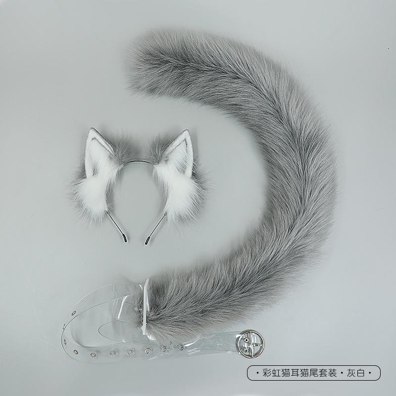 Handmade Cosplay Simulation Beast Ear Headdress J Accessories Rainbow Cat Ear Headband Cat Tail Set