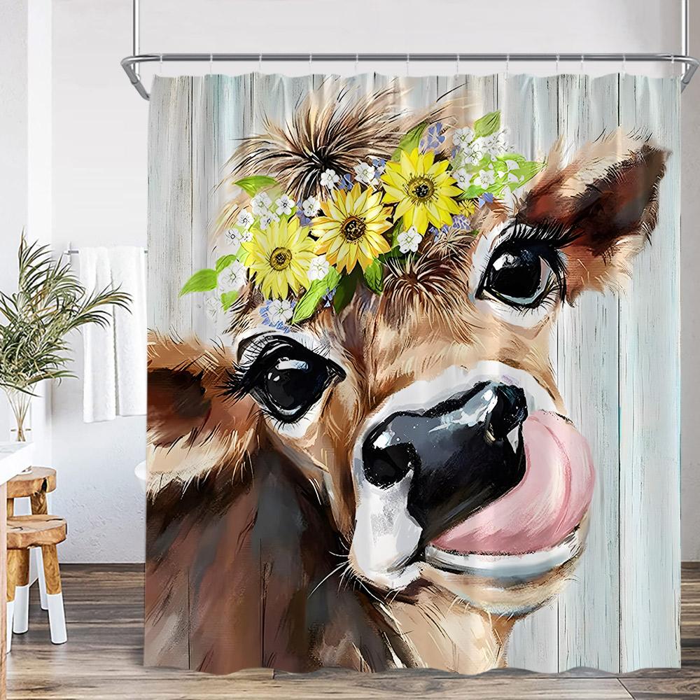 Highland Cow Farmhouse Shower Curtain Funny Farm Animal Flower Wooden Plank Bathroom Decor Vintage Polyester Fabric Bath Curtain